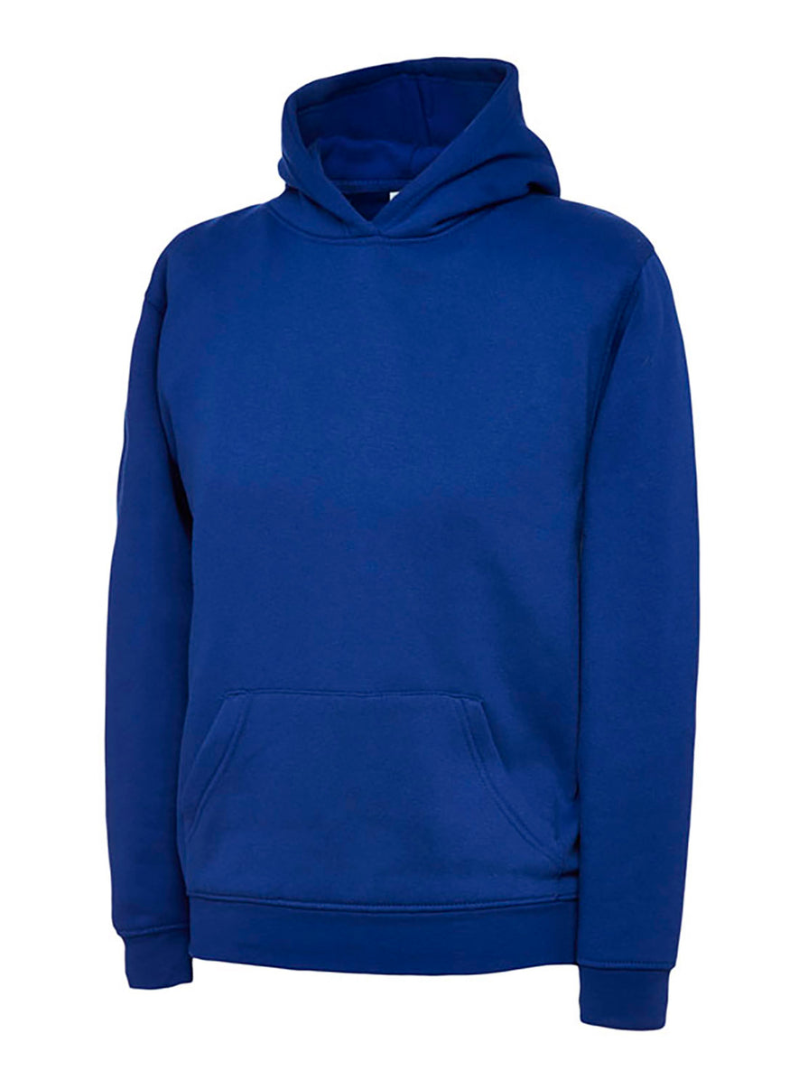 Uneek Clothing UC503 - 300GSM Childrens Hooded Sweatshirt with hood in royal blue with front pocket.