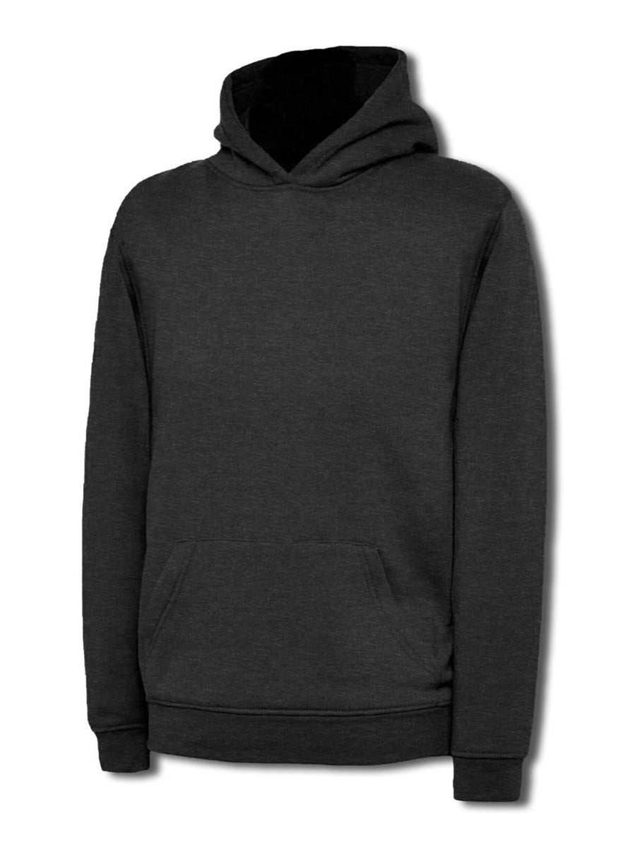 Uneek Clothing UC503 - 300GSM Childrens Hooded Sweatshirt with hood in charcoal with front pocket.