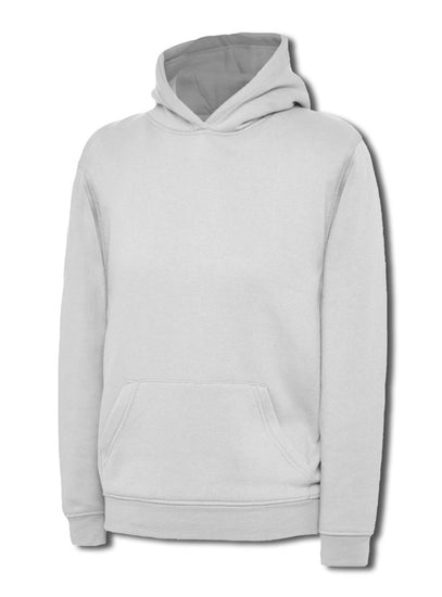 Uneek Clothing UC503 - 300GSM Childrens Hooded Sweatshirt with hood in white with front pocket.