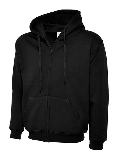Uneek Clothing UC504 - 300GSM Adults Classic Full Zip Hooded Sweatshirt with hood in black with two front pockets, drawstring and full zip fastening.