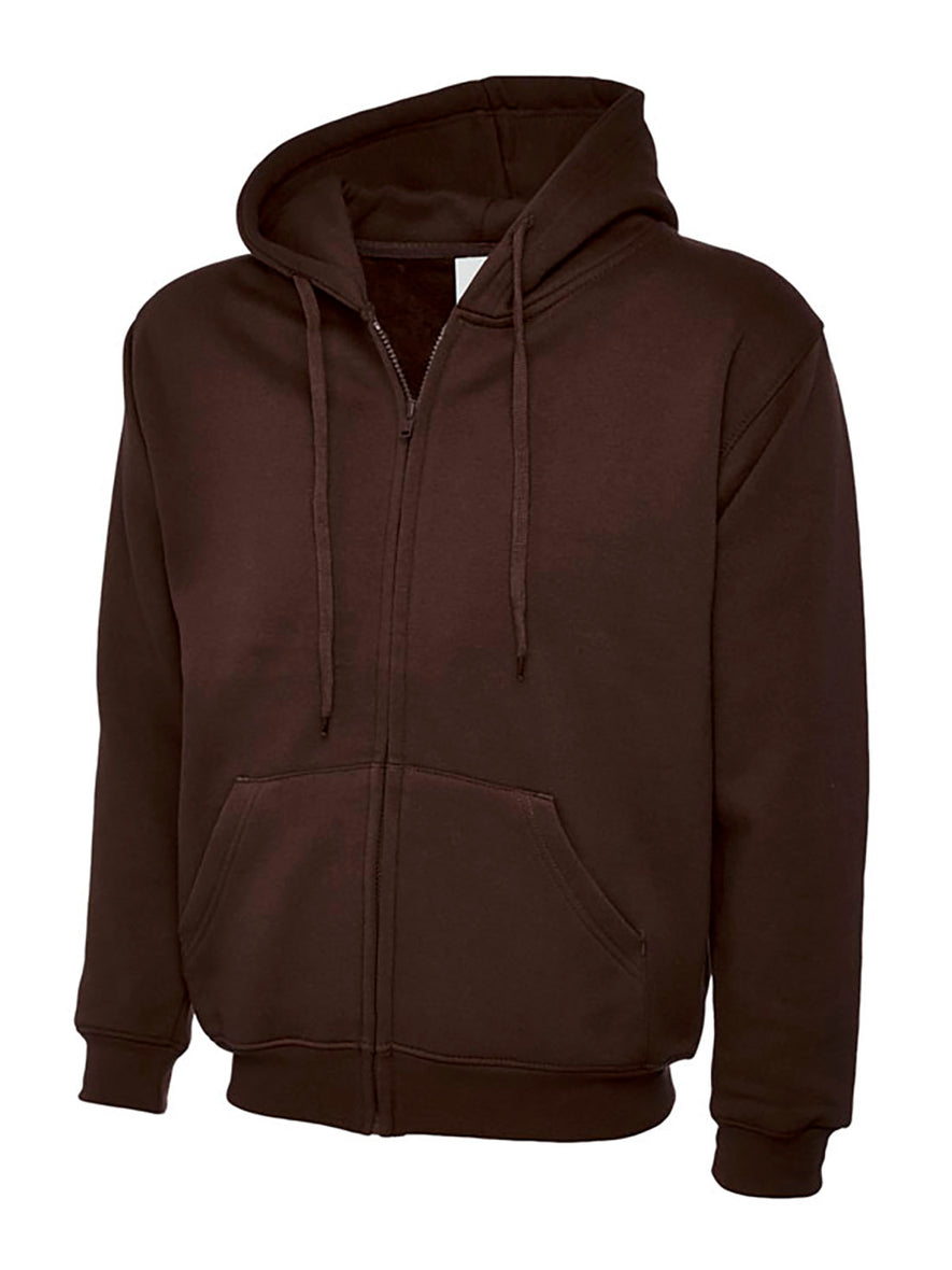 Uneek Clothing UC504 - 300GSM Adults Classic Full Zip Hooded Sweatshirt with hood in brown with two front pockets, drawstring and full zip fastening.