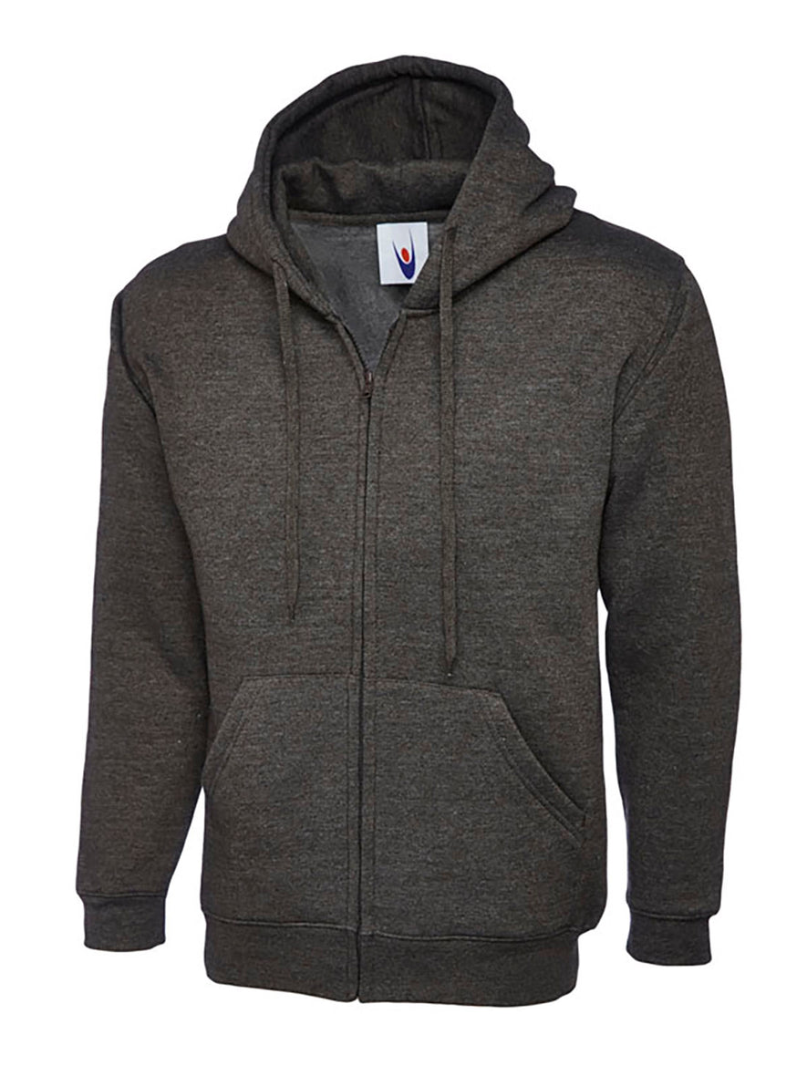 Uneek Clothing UC504 - 300GSM Adults Classic Full Zip Hooded Sweatshirt with hood in charcoal with two front pockets, drawstring and full zip fastening.