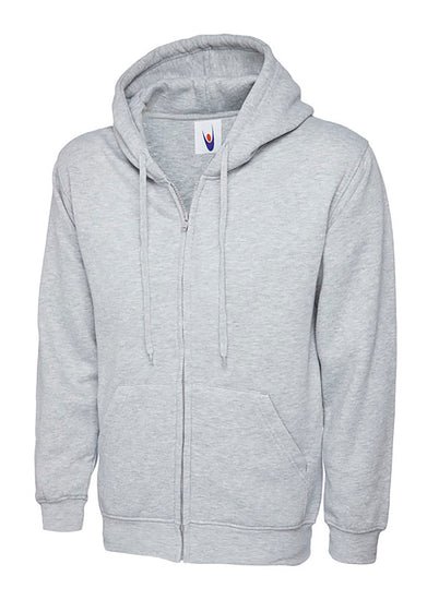 Uneek Clothing UC504 - 300GSM Adults Classic Full Zip Hooded Sweatshirt with hood in heather grey with two front pockets, drawstring and full zip fastening.