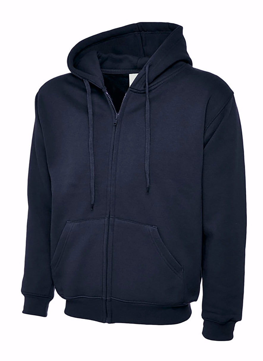 Uneek Clothing UC504 - 300GSM Adults Classic Full Zip Hooded Sweatshirt with hood in navy with two front pockets, drawstring and full zip fastening.