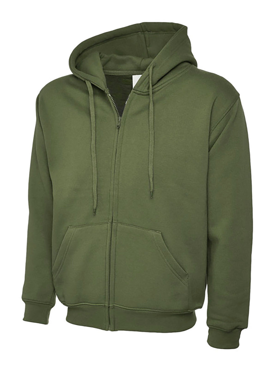 Uneek Clothing UC504 - 300GSM Adults Classic Full Zip Hooded Sweatshirt with hood in olive green with two front pockets, drawstring and full zip fastening.