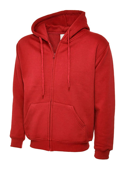 Uneek Clothing UC504 - 300GSM Adults Classic Full Zip Hooded Sweatshirt with hood in red with two front pockets, drawstring and full zip fastening.