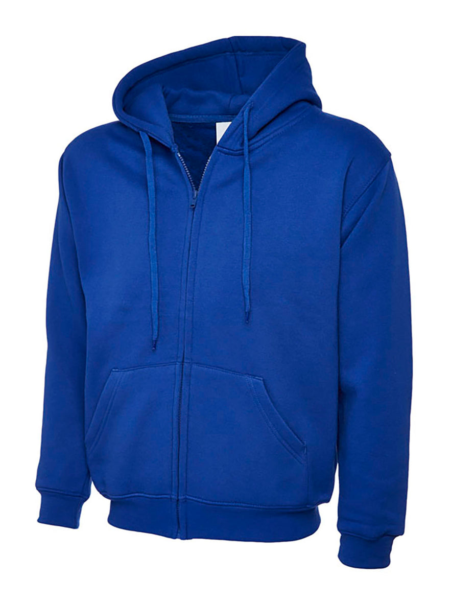 Uneek Clothing UC504 - 300GSM Adults Classic Full Zip Hooded Sweatshirt with hood in royal blue with two front pockets, drawstring and full zip fastening.