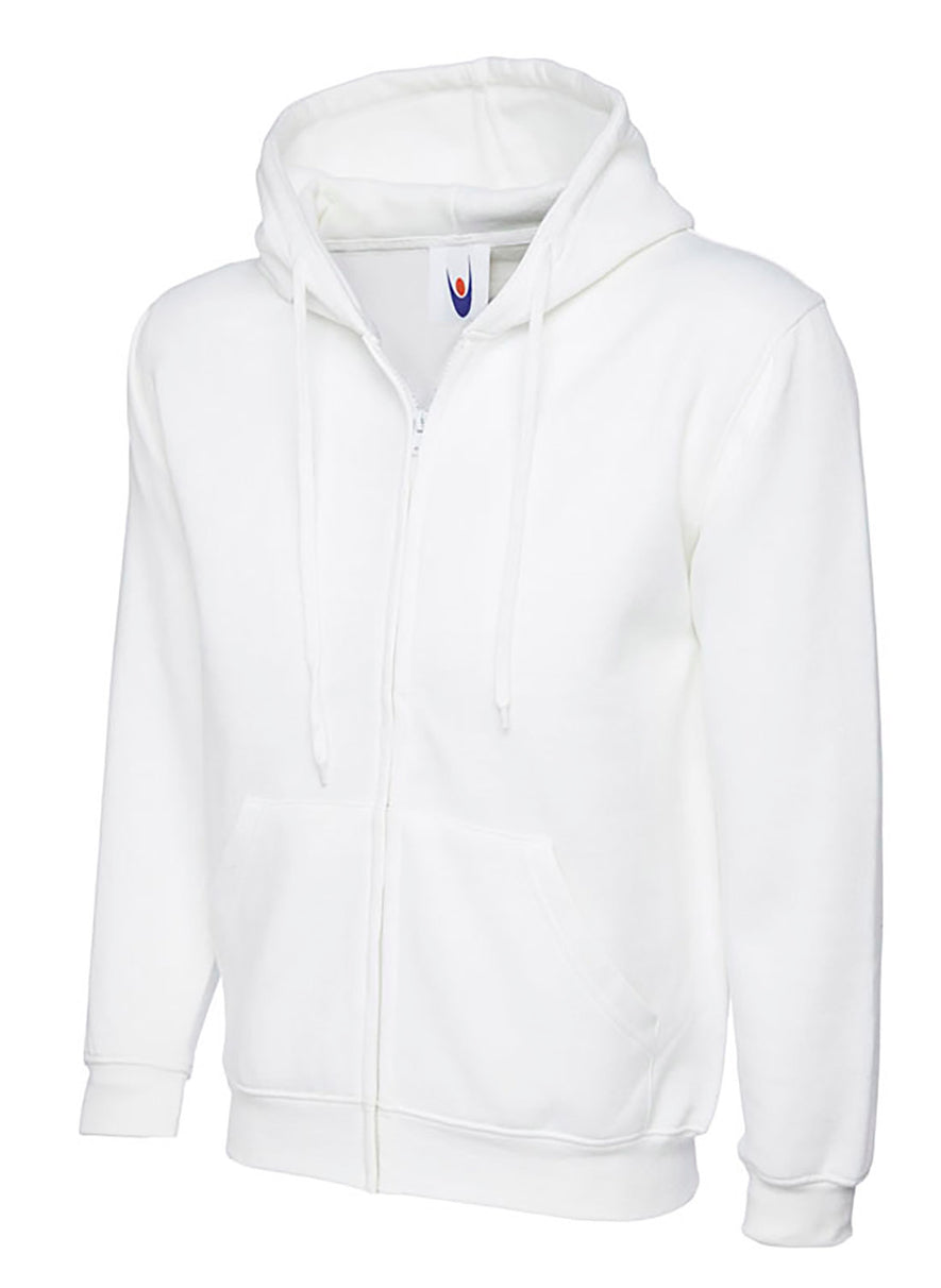 Uneek Clothing UC504 - 300GSM Adults Classic Full Zip Hooded Sweatshirt with hood in white with two front pockets, drawstring and full zip fastening.