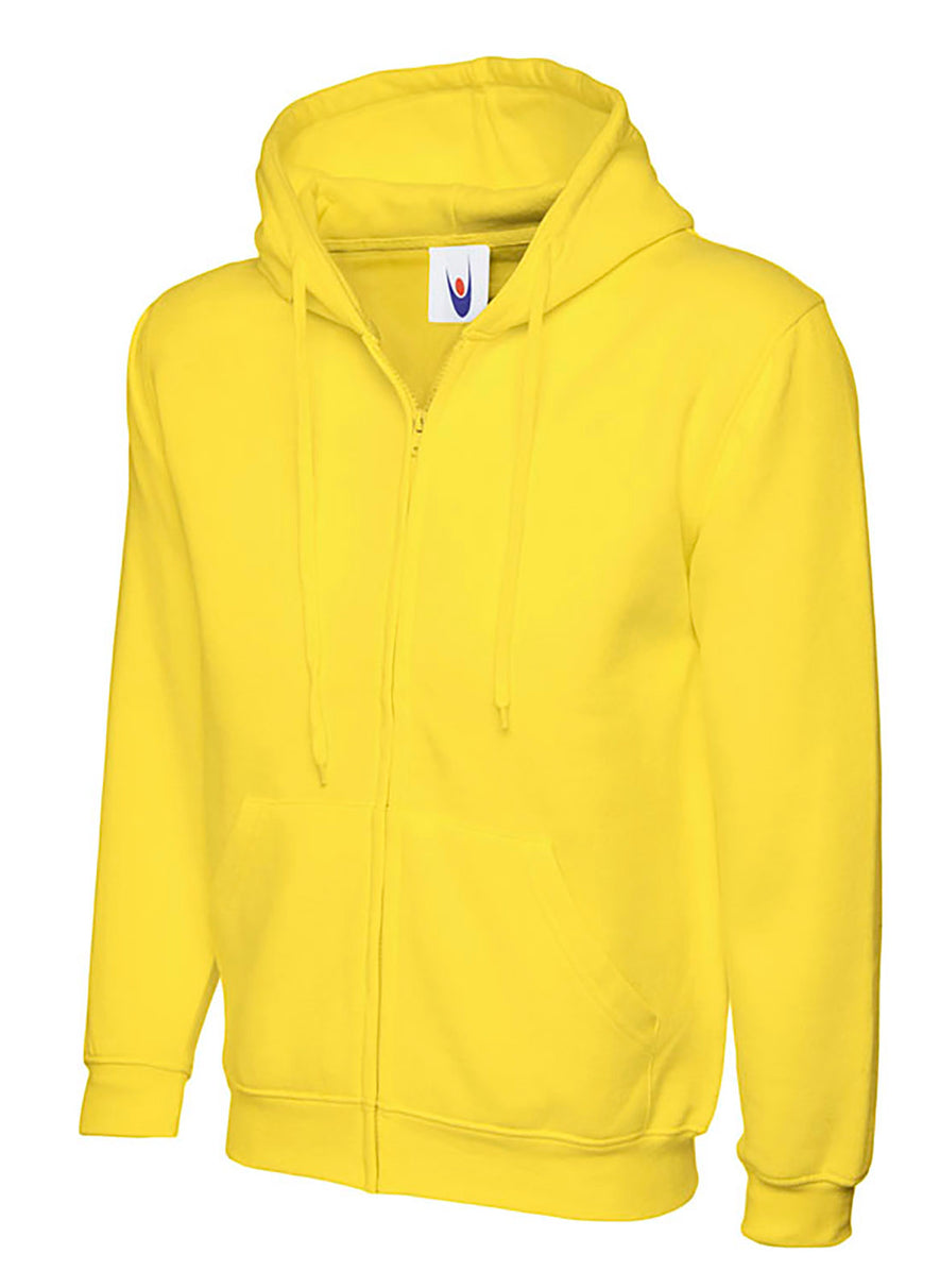 Uneek Clothing UC504 - 300GSM Adults Classic Full Zip Hooded Sweatshirt with hood in yellow with two front pockets, drawstring and full zip fastening.