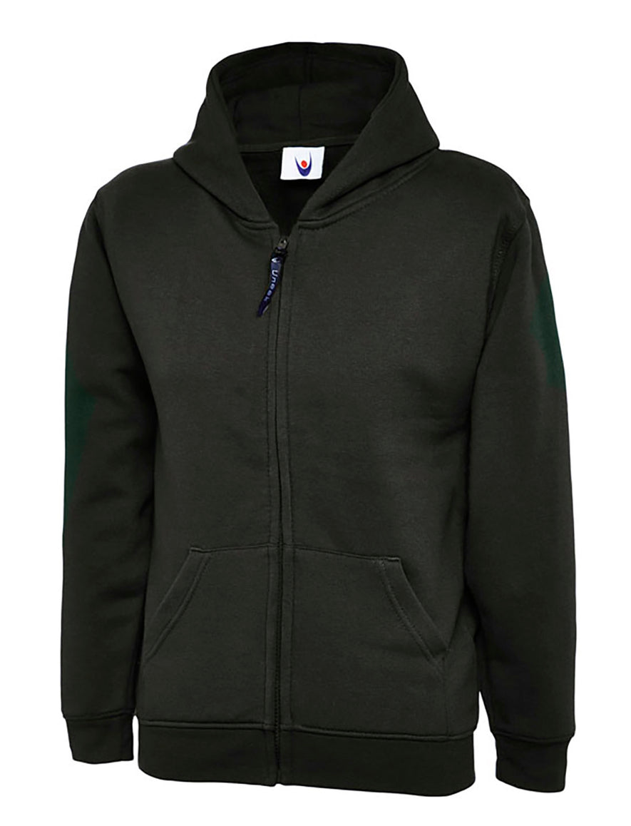 Uneek Clothing UC506 300GSM Childrens Classic Full Zip Hooded Sweatshirt with hood in black with two front pockets and full zip fastening.