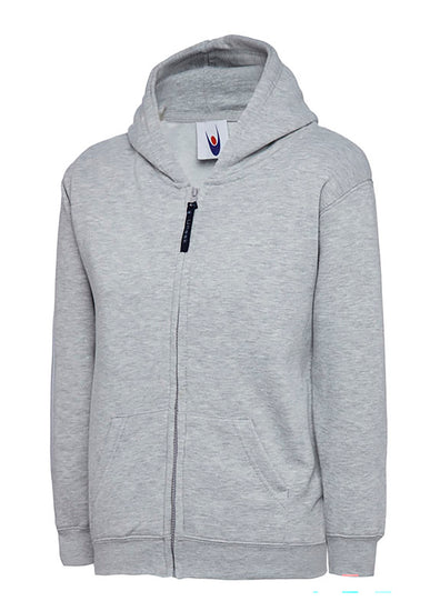 Uneek Clothing UC506 300GSM Childrens Classic Full Zip Hooded Sweatshirt with hood in heather grey with two front pockets and full zip fastening.