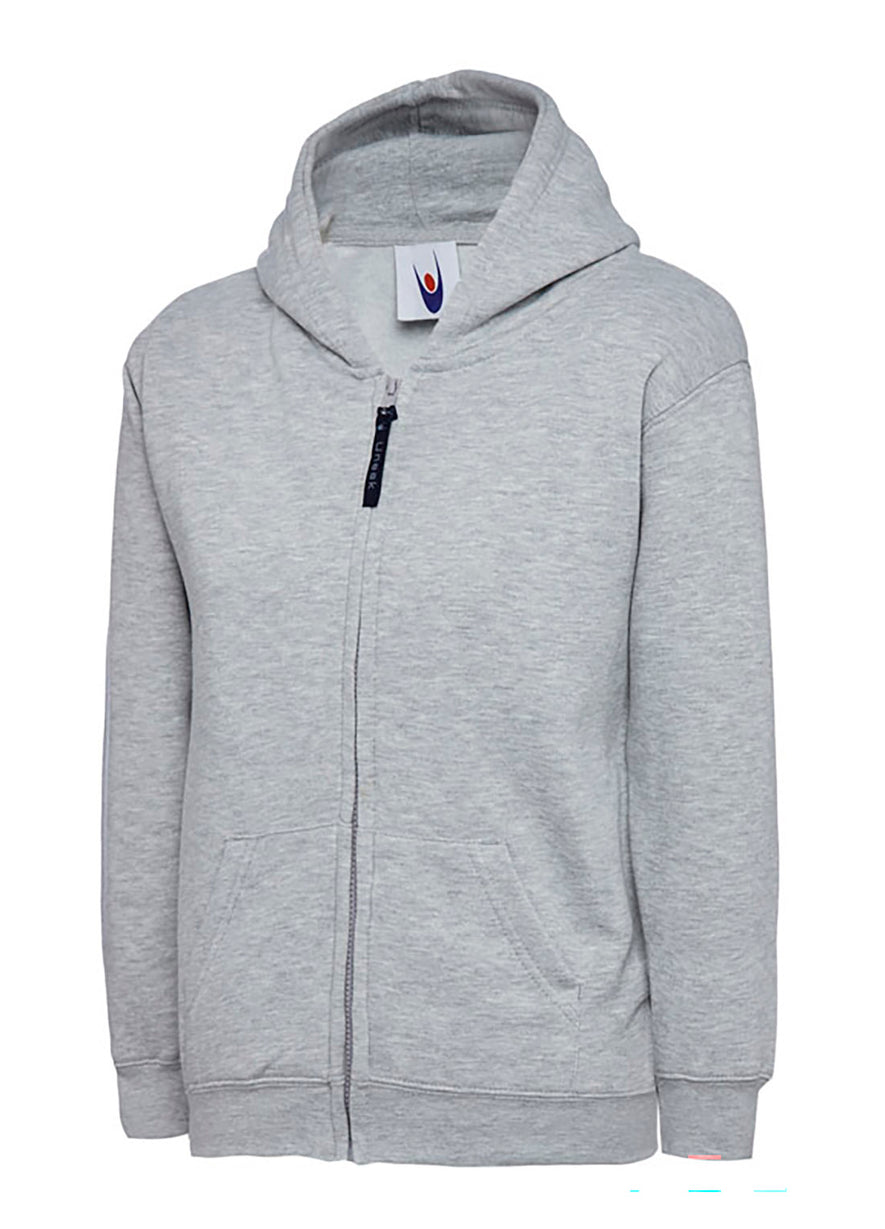 Uneek Clothing UC506 300GSM Childrens Classic Full Zip Hooded Sweatshirt with hood in heather grey with two front pockets and full zip fastening.