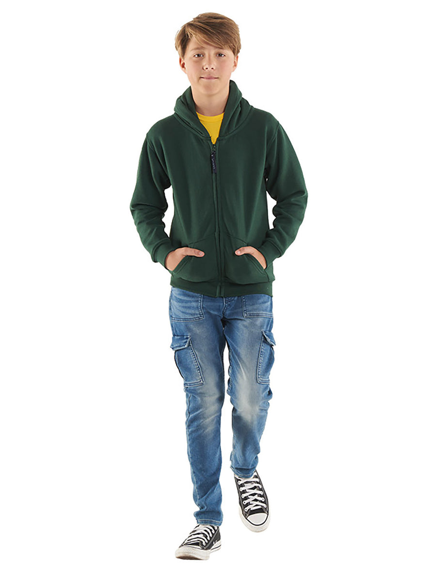 Person wearing Uneek Clothing UC506 300GSM Childrens Classic Full Zip Hooded Sweatshirt with hood in bottle green with two front pockets and full zip fastening.