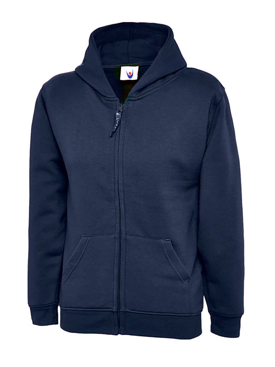 Uneek Clothing UC506 300GSM Childrens Classic Full Zip Hooded Sweatshirt with hood in navy with two front pockets and full zip fastening.