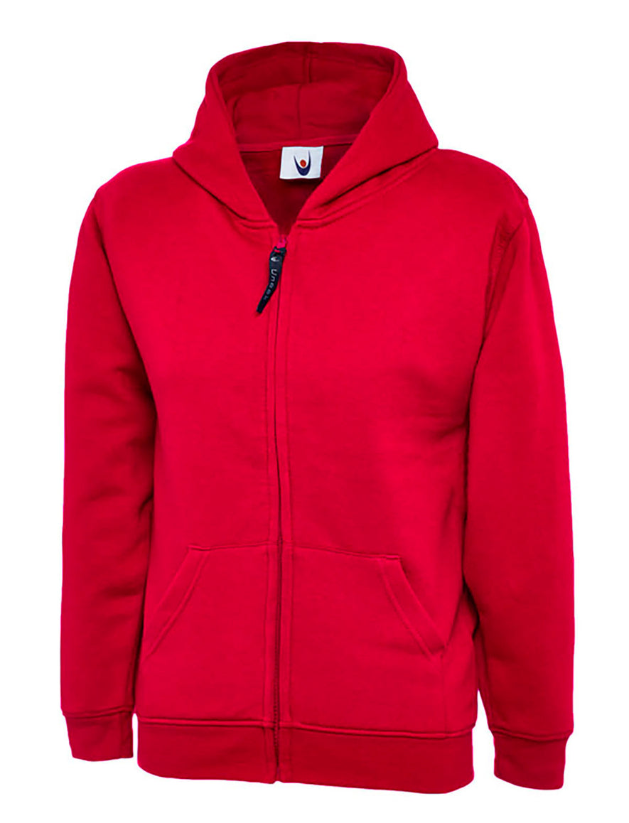 Uneek Clothing UC506 300GSM Childrens Classic Full Zip Hooded Sweatshirt with hood in red with two front pockets and full zip fastening.