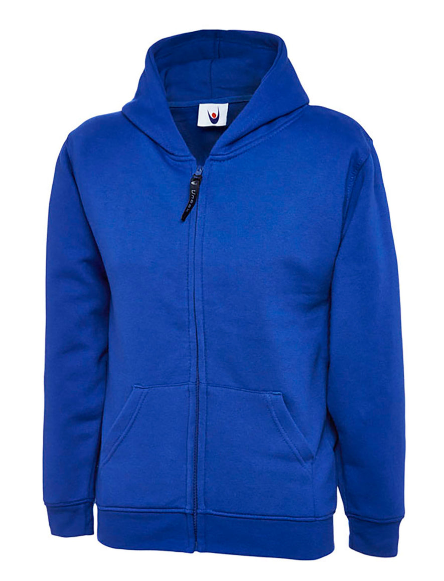 Uneek Clothing UC506 300GSM Childrens Classic Full Zip Hooded Sweatshirt with hood in royal blue with two front pockets and full zip fastening.