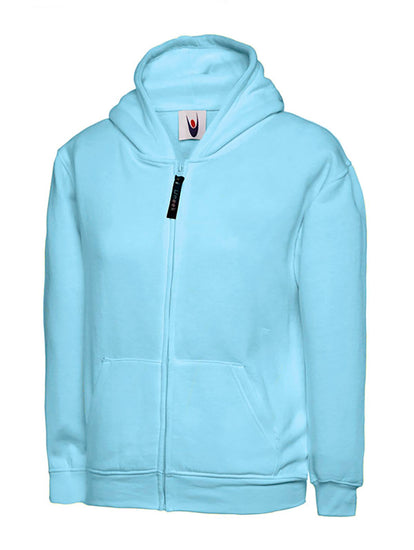 Uneek Clothing UC506 300GSM Childrens Classic Full Zip Hooded Sweatshirt with hood in sky blue with two front pockets and full zip fastening.