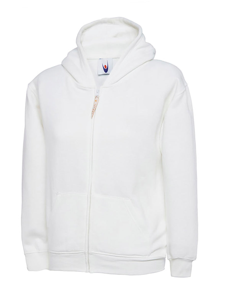 Uneek Clothing UC506 300GSM Childrens Classic Full Zip Hooded Sweatshirt with hood in white with two front pockets and full zip fastening.