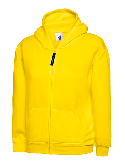 Uneek Clothing UC506 300GSM Childrens Classic Full Zip Hooded Sweatshirt with hood in yellow with two front pockets and full zip fastening.