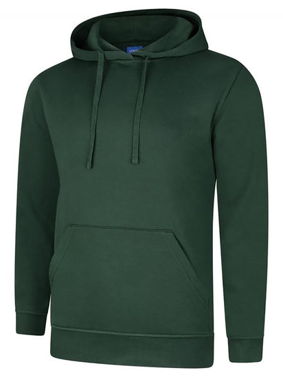 Uneek Clothing UC509 280GSM Deluxe Hooded Sweatshirt with hood in bottle green with large front lower pocket and drawstring.