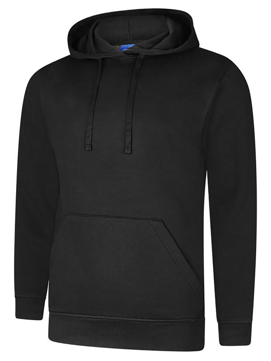 Uneek Clothing UC509 280GSM Deluxe Hooded Sweatshirt with hood in black with large front lower pocket and drawstring.