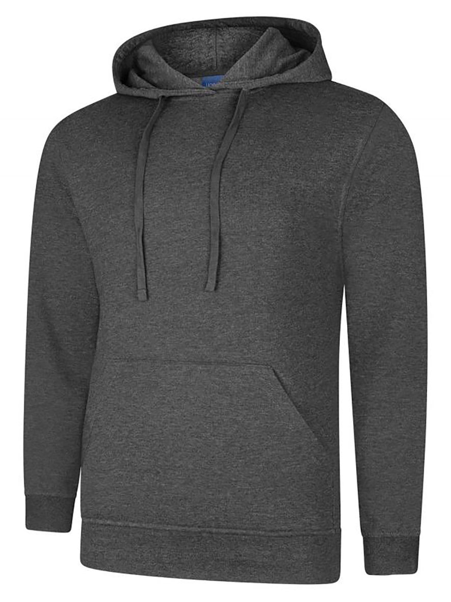 Uneek Clothing UC509 280GSM Deluxe Hooded Sweatshirt with hood in charcoal with large front lower pocket and drawstring.