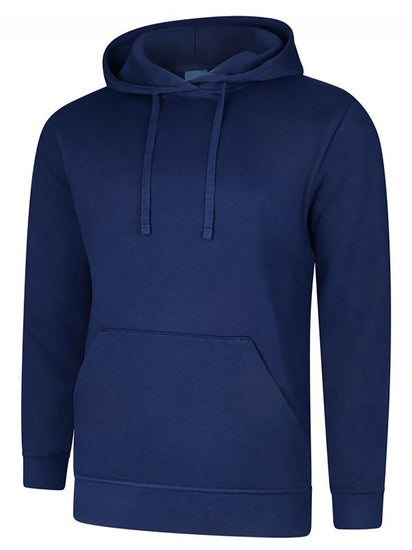 Uneek Clothing UC509 280GSM Deluxe Hooded Sweatshirt with hood in french navy with large front lower pocket and drawstring.