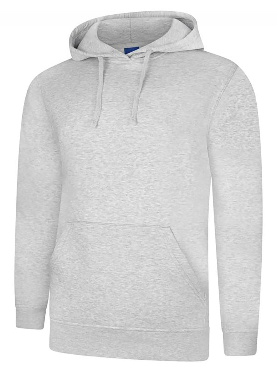 Uneek Clothing UC509 280GSM Deluxe Hooded Sweatshirt with hood in heather grey with large front lower pocket and drawstring.