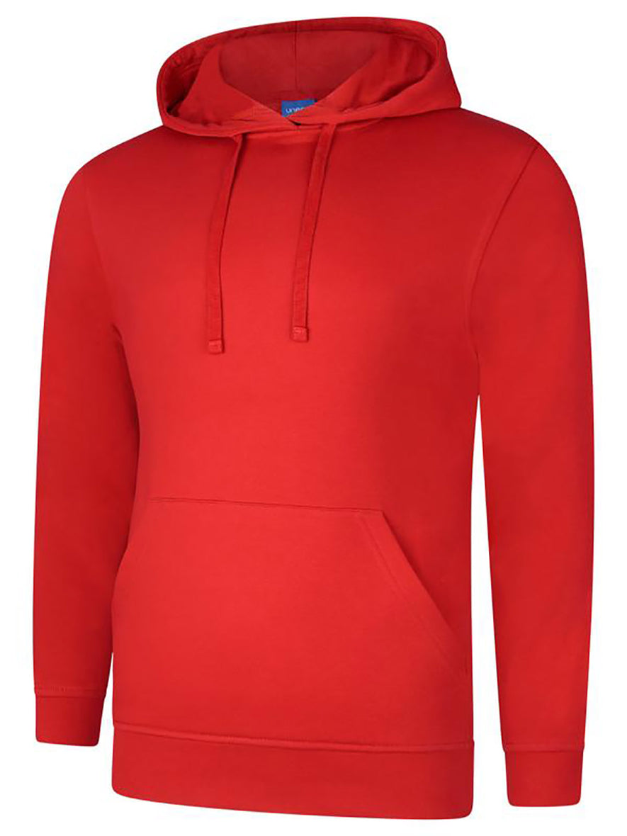 Uneek Clothing UC509 280GSM Deluxe Hooded Sweatshirt with hood in red with large front lower pocket and drawstring.