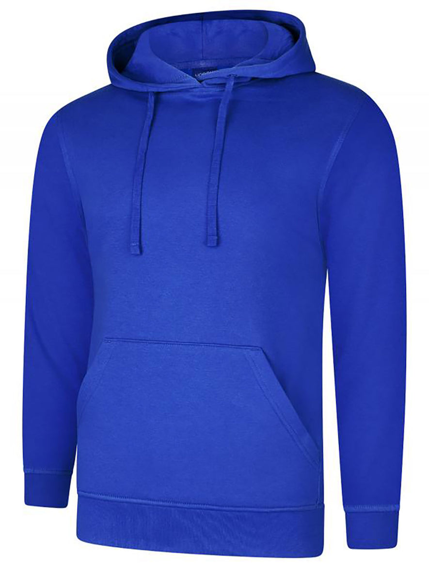 Uneek Clothing UC509 280GSM Deluxe Hooded Sweatshirt with hood in royal blue with large front lower pocket and drawstring.