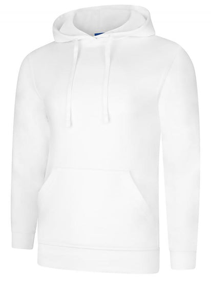 Uneek Clothing UC509 280GSM Deluxe Hooded Sweatshirt with hood in white with large front lower pocket and drawstring.