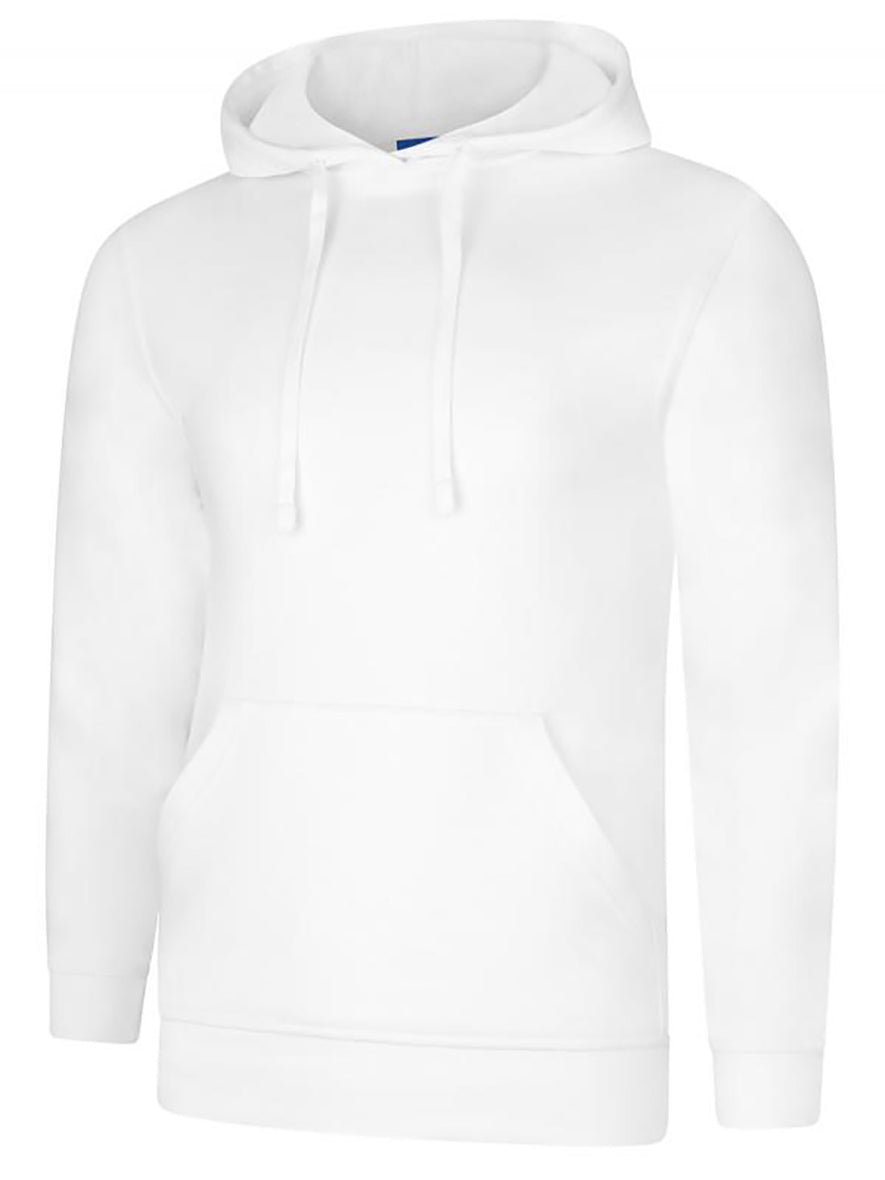 Uneek Clothing UC509 280GSM Deluxe Hooded Sweatshirt with hood in white with large front lower pocket and drawstring.