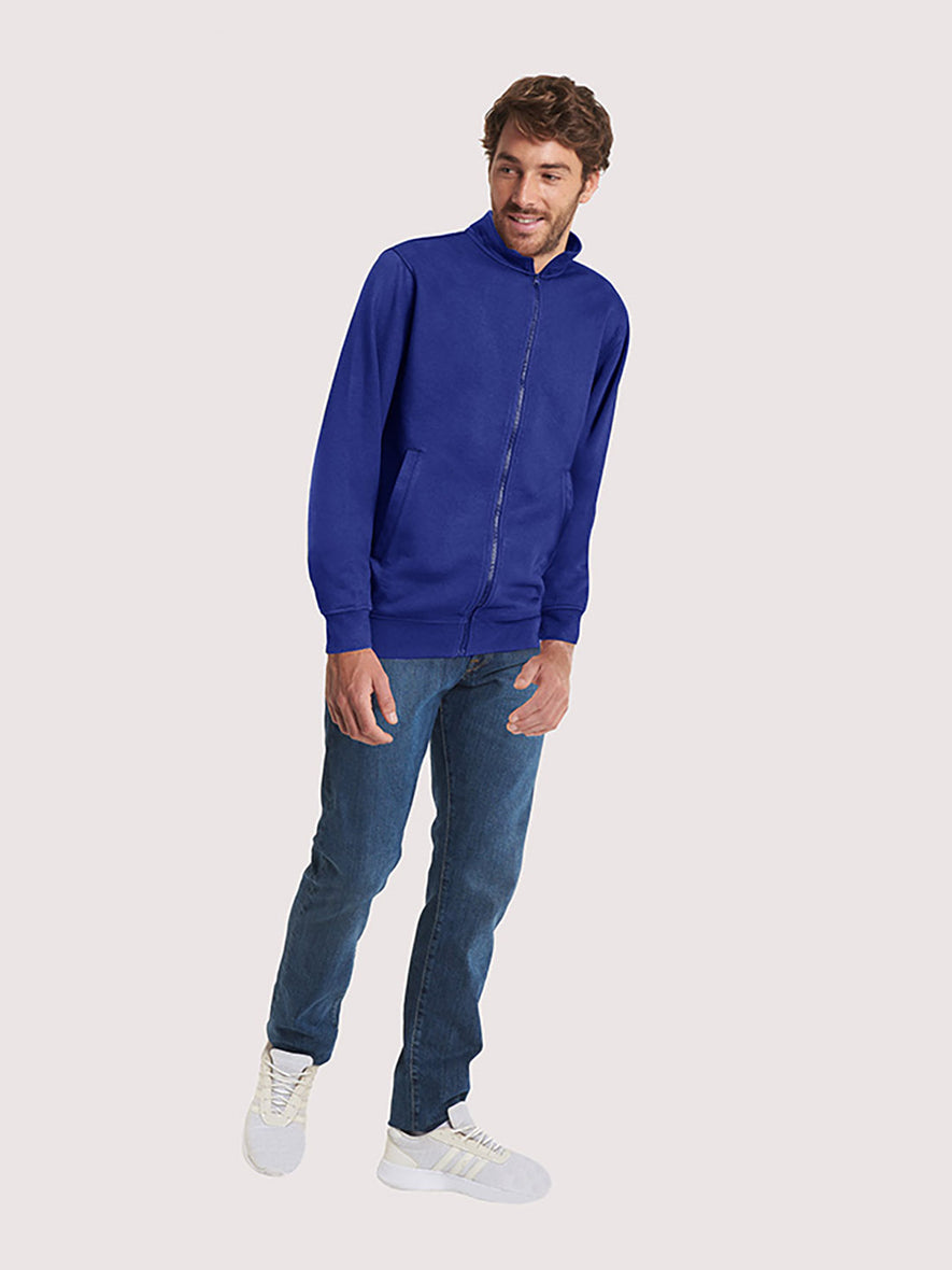 Person wearing Uneek Clothing UC512 Deluxe Unisex Sweat Jacket long sleeve in royal blue with full zip fastening, collar and elasticated bottom and wrists. 