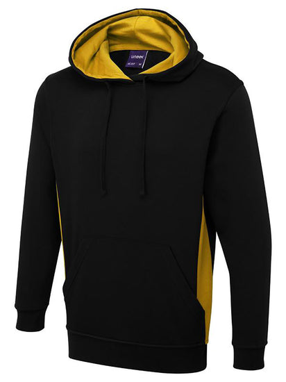 Uneek Clothing UC517 280GSM Two Tone Hooded Sweatshirt with hood in black with large front lower pocket, drawstring and yellow panels on sides and inside of hood.