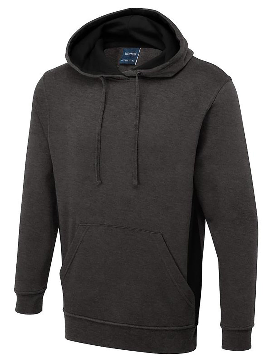 Uneek Clothing UC517 280GSM Two Tone Hooded Sweatshirt with hood in charcoal with large front lower pocket, drawstring and black panels on sides and inside of hood.