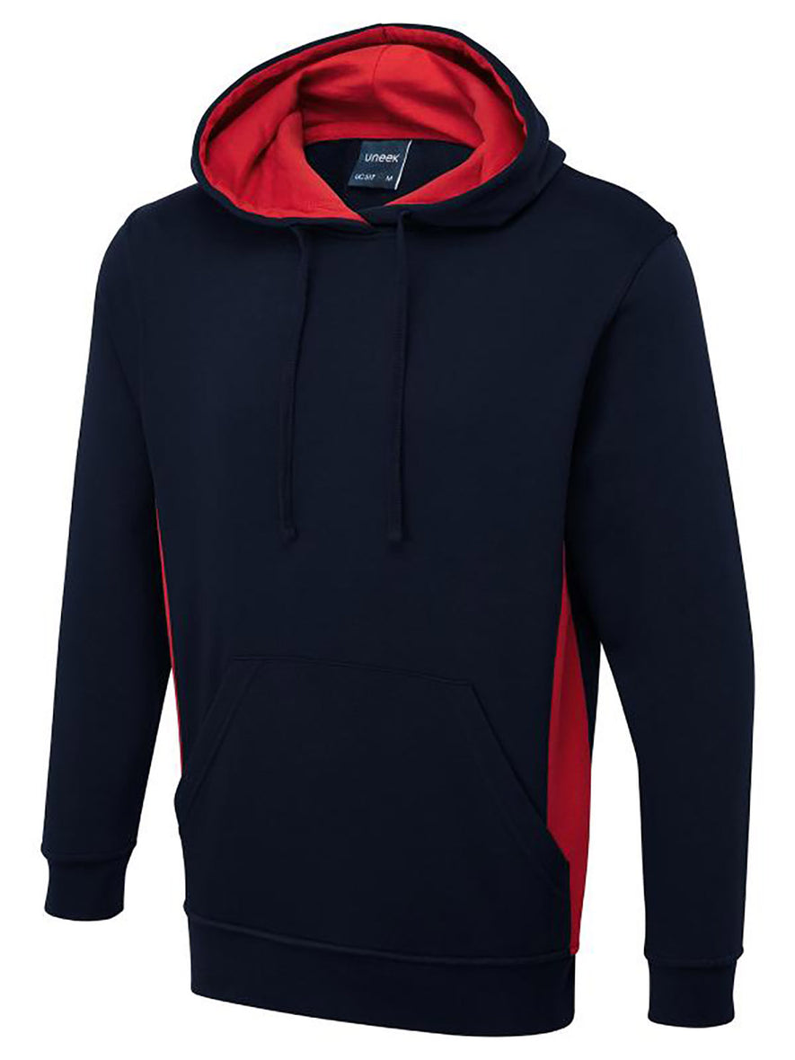 Uneek Clothing UC517 280GSM Two Tone Hooded Sweatshirt with hood in navy with large front lower pocket, drawstring and red panels on sides and inside of hood.