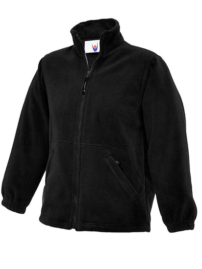 Uneek Clothing UC603 300GSM Childrens Full Zip Micro Fleece Jacket in black with full zip fastening and two zipped lower pockets.