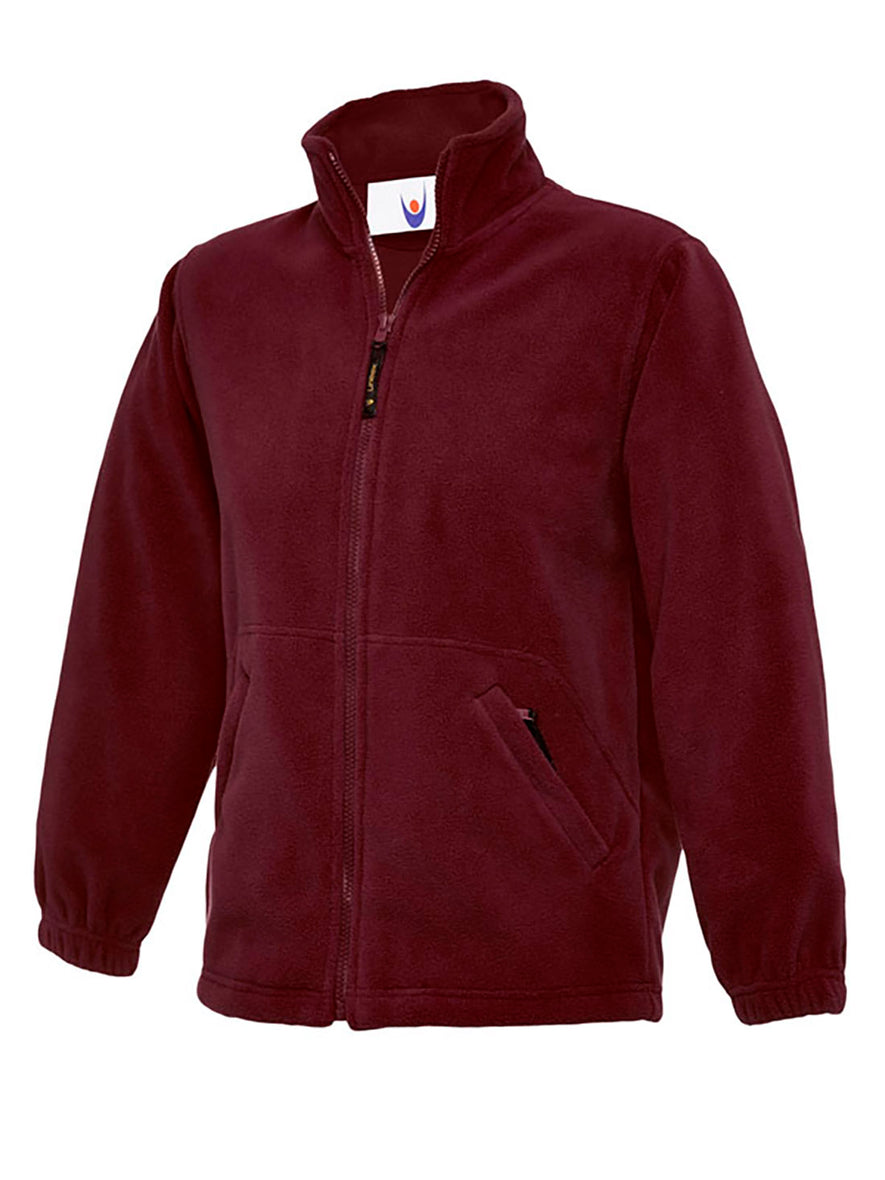 Uneek Clothing UC603 300GSM Childrens Full Zip Micro Fleece Jacket in maroon with full zip fastening and two zipped lower pockets.