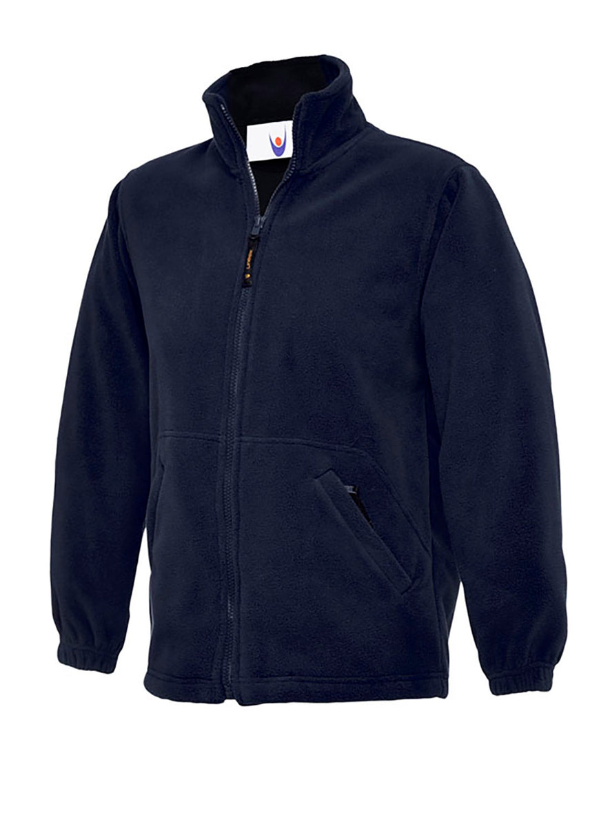 Uneek Clothing UC603 300GSM Childrens Full Zip Micro Fleece Jacket in navy with full zip fastening and two zipped lower pockets.