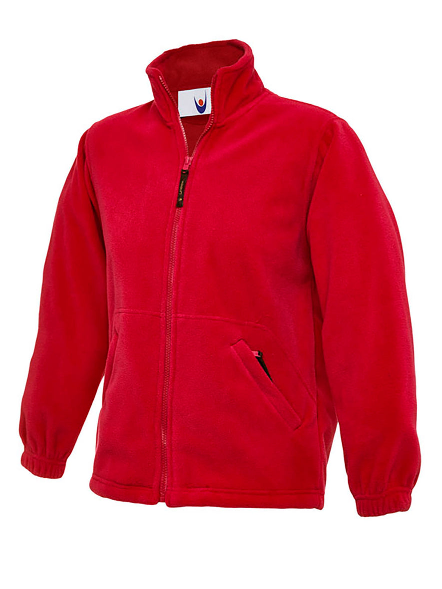 Uneek Clothing UC603 300GSM Childrens Full Zip Micro Fleece Jacket in red with full zip fastening and two zipped lower pockets.