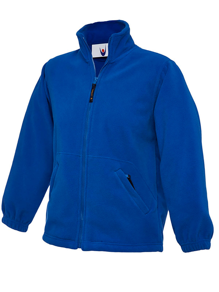 Uneek Clothing UC603 300GSM Childrens Full Zip Micro Fleece Jacket in royal blue with full zip fastening and two zipped lower pockets.