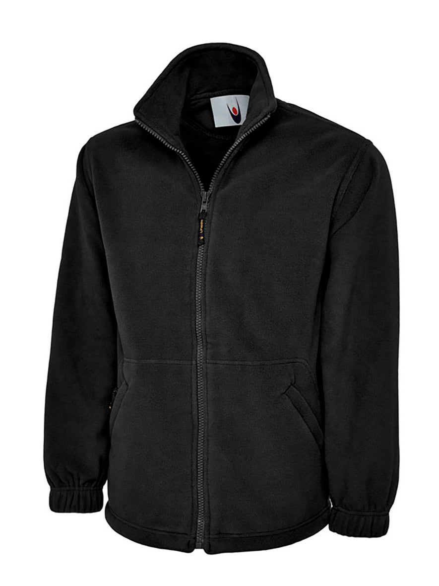 Uneek Clothing UC604 300GSM Classic Full Zip Micro Fleece Jacket in black with full zip fastening and and two lower front pockets.