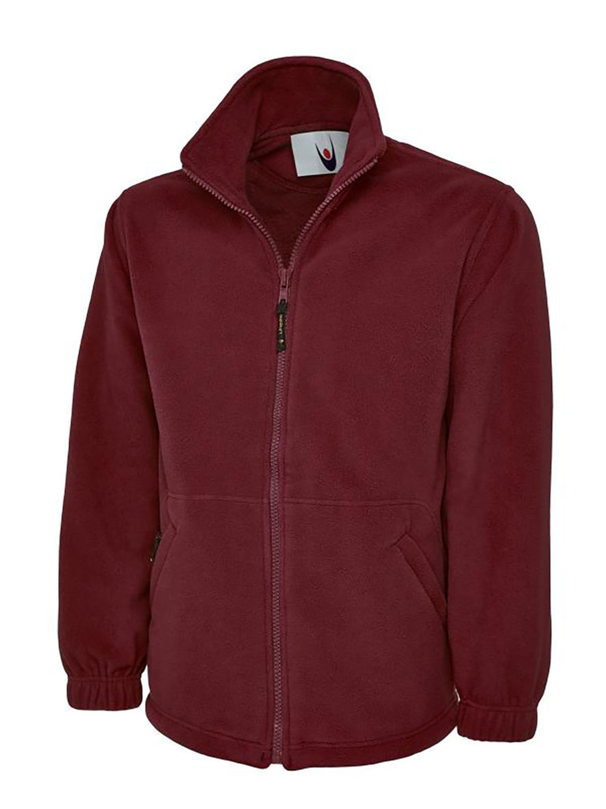 Uneek Clothing UC604 300GSM Classic Full Zip Micro Fleece Jacket in maroon with full zip fastening and and two lower front pockets.