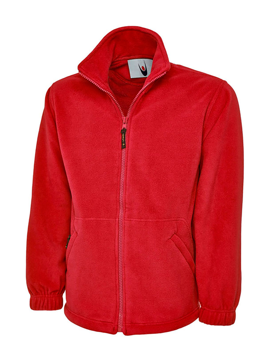 Uneek Clothing UC604 300GSM Classic Full Zip Micro Fleece Jacket in red with full zip fastening and and two lower front pockets.