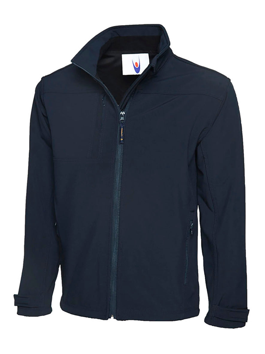 Uneek Clothing UC611 Premium Full Zip Soft Shell Jacket in navy with full zip fastening and and a pocket on the right chest and two lower front pockets.