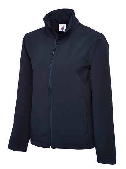 Uneek Clothing UC612 Classic Full Zip Soft Shell Jacket in navy with full zip fastening and two lower front pockets.