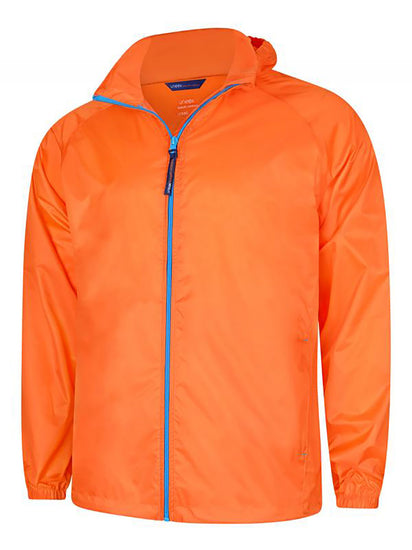 Uneek Clothing UC630 Active Jacket lightweight in fiery orange with surf blue zip full zip fastening and two lower zip pockets and hood.