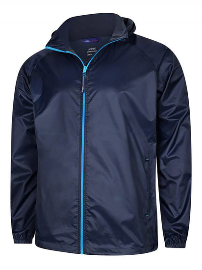 Uneek Clothing UC630 Active Jacket lightweight in navy with surf blue full zip fastening and two lower zip pockets and hood.