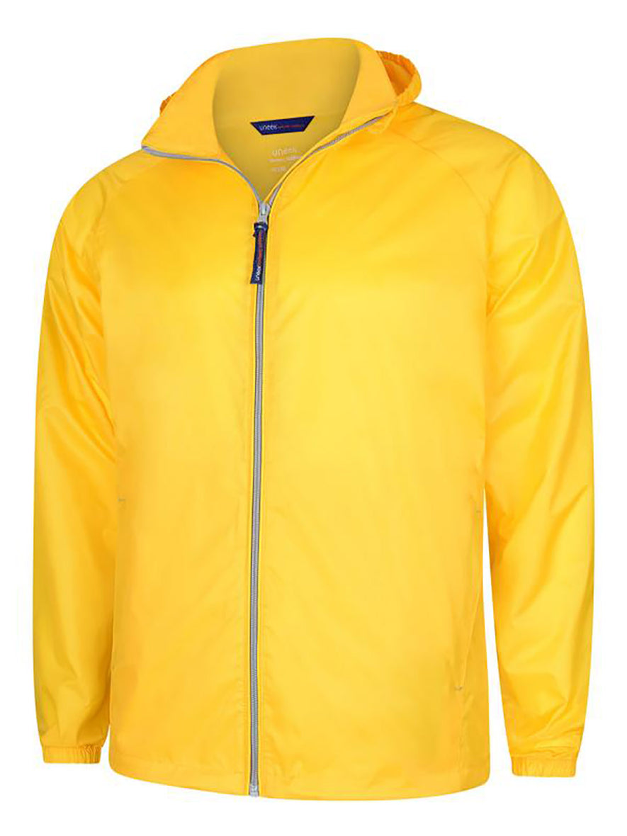 Uneek Clothing UC630 Active Jacket lightweight in submarine yellow with grey full zip fastening and two lower zip pockets and hood.