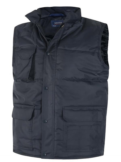 Uneek Clothing UC640 -Super Pro Body Warmer padded with pockets on right chest and two on front with flaps in navy.